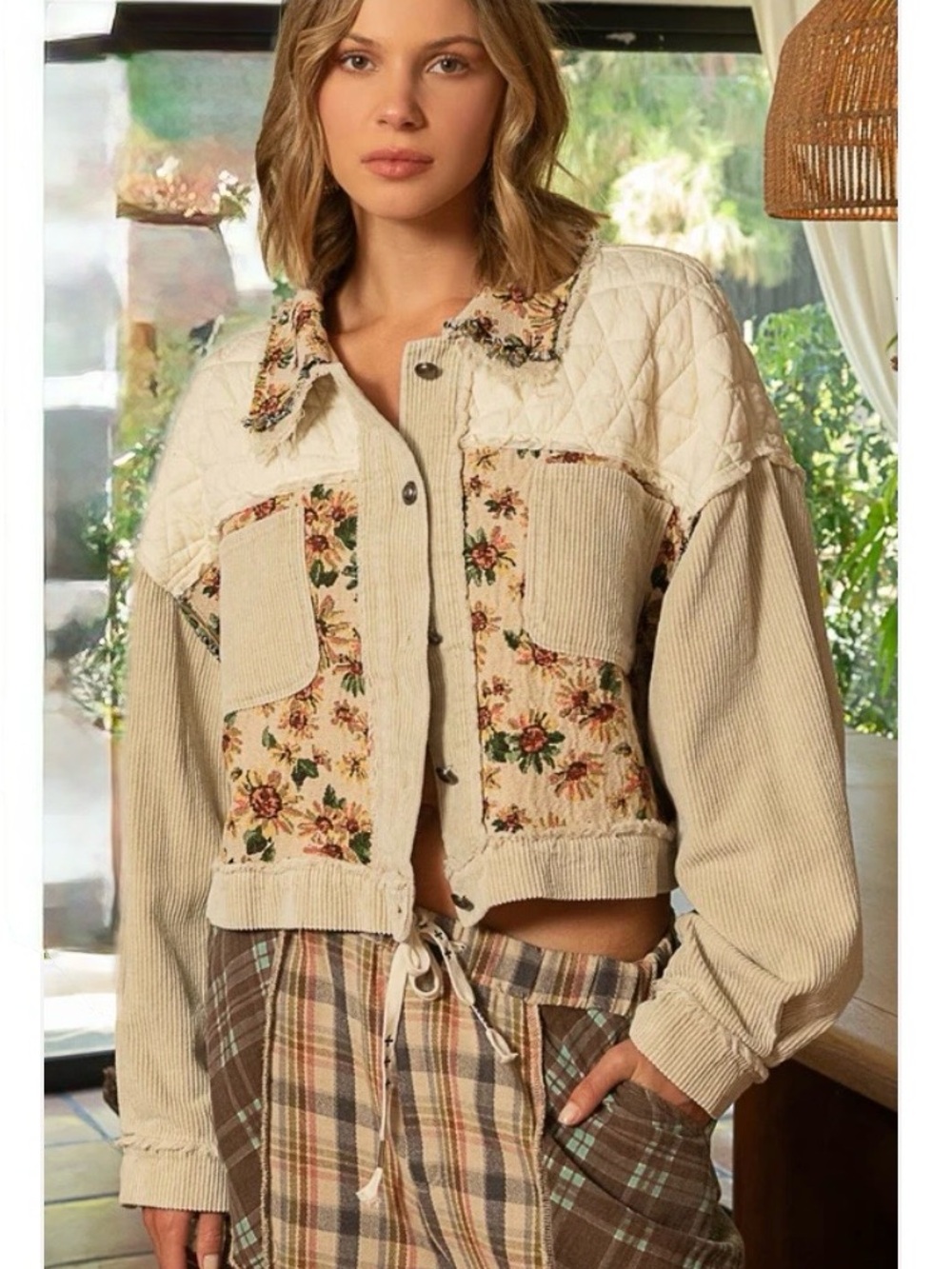 New: POL Boho Quilted Floral Mixed Patchwork Corduroy Button Down Jacket• Large